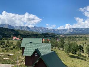 a house with a green roof with mountains in the background at Apartman Žabljak in Žabljak