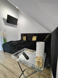 a living room with a black couch and a glass table at Apt FIONA4 Centrum700m Parking Prywatny Bezpłatny in Karpacz