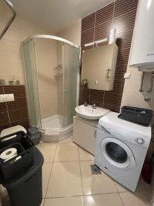 ein Badezimmer mit einer Waschmaschine und einem Waschbecken in der Unterkunft Apartment Deluxe IM in Medulin