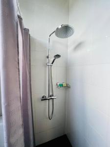 a shower with a shower head in a bathroom at Vabriku 6 Apartment with sauna in Rakvere