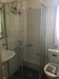 a bathroom with a shower and a toilet and a sink at Chaliotis Apartments in Lefkandi Chalkidas