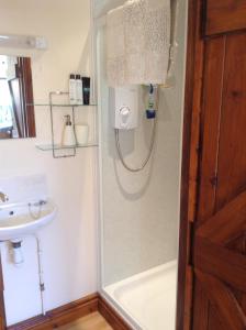 bagno con doccia e lavandino di The Tack Room - a comfy cabin in North Devon a Bideford