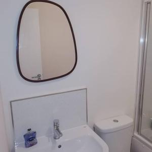 a bathroom with a sink and a mirror over a toilet at Carvetii - Norman House - 2nd floor, 1 bedroom flat in Boʼness