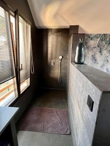 a bathroom with a shower with a counter and a window at Le cache a l eau in Le Pouliguen