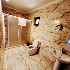 La salle de bains est pourvue de toilettes, d'une douche et d'un lavabo. dans l'établissement BEYAZEV BUTİK OTEL MAŞUKİYE, à Kartepe