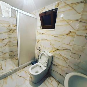 a bathroom with a toilet and a shower and a sink at BEYAZEV BUTİK OTEL MAŞUKİYE in Kartepe