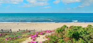 een bankje op een strand met bloemen en de oceaan bij CASA VACANZE ARBORIAMAR SORSO SARDEGNa in Marina di Sorso