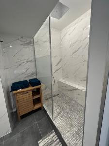 baño con ducha y puerta de cristal en LE 46 : Superbe appartement jacuzzi, en Besançon