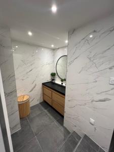 ein Bad mit einem Waschbecken und einem Spiegel in der Unterkunft LE 46 : Superbe appartement jacuzzi in Besançon