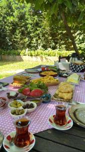 una mesa de picnic con platos de comida y tazas de té en BEYAZEV BUTİK OTEL MAŞUKİYE, en Kartepe