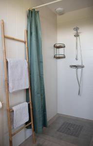 a shower with a green shower curtain in a bathroom at Home By Sab 