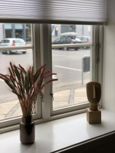 una ventana con una maceta en el alféizar de la ventana en Cafebrumman en Neksø