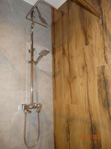 a shower in a bathroom with a wooden wall at Apartament na Piaskowej in Żarnowska