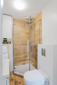 uma casa de banho com um chuveiro e um WC. em Apartament Petunia em Duszniki Zdrój