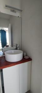 La salle de bains est pourvue d'un lavabo blanc et d'un miroir. dans l'établissement Flamboyant de la Baie, à La Trinité