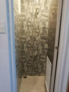 ein Bad mit einer Dusche und einer Glastür in der Unterkunft Rancho Lodge Hometel in Sorsogon