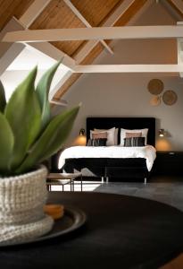 sypialnia z łóżkiem i doniczką w obiekcie Appartement de Hoge Stoep w mieście Hollum