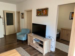 uma sala de estar com televisão e uma cadeira azul em Apartmán Kykula - Terchová, Vyšné Kamence 1520 em Terchová