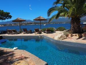 a swimming pool with chairs and umbrellas next to the water at Maranatha Résidence avec plage privée, piscine chauffée in Porto-Vecchio