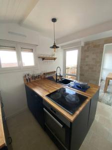 eine Küche mit einer Spüle und einer Arbeitsplatte in der Unterkunft Splendide appartement vue océan le Penon in Seignosse