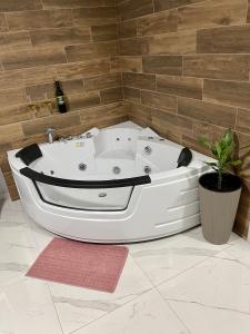 a white bath tub in a bathroom with a potted plant at Pink House Apartments in Jagodina