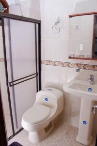 een badkamer met een toilet en een wastafel bij Apartamento confortable, cerca a la Basílica in Buga