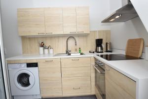 een keuken met een wastafel en een wasmachine bij fewo1846 - Stadtbude - komfortable 2-Zimmer-Wohnung mitten im Stadtzentrum in Flensburg