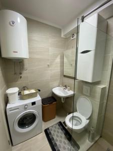 a small bathroom with a washing machine and a sink at Apartment Marko in Budva