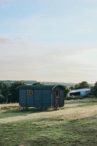 ein blauer Schuppen auf einem Feld in der Unterkunft Stunning Shepherd's Hut Retreat North Devon in Bideford
