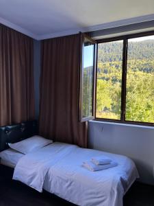 1 Schlafzimmer mit 2 Betten und einem großen Fenster in der Unterkunft Monte Bianco in Mestia