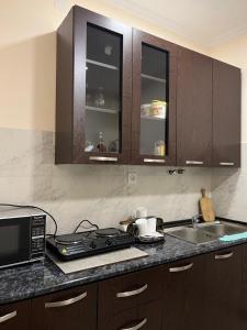 a kitchen with a stove and a sink and cabinets at Monte Bianco in Mestia