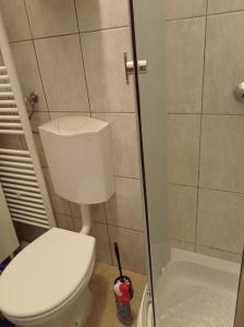 a small bathroom with a toilet and a shower at Donata in Osijek
