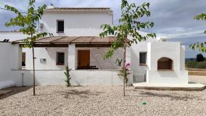 una casa blanca con dos árboles delante de ella en Mas Midó, en Sant Jaume d'Enveja