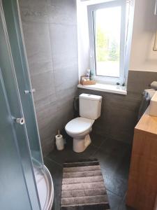 uma casa de banho com um WC e uma janela em Zoo Karlovarská Apartment em Plzeň