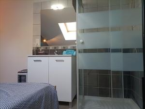 una piccola cucina con doccia in vetro in camera di F1 duplex Bleuet Rénové a Lamalou-les-Bains