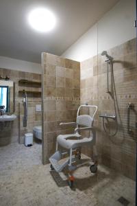 a bathroom with a shower and a chair in it at Le Nid d'Écureuil in Épiry