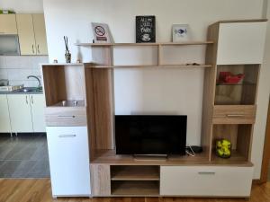 a living room with a tv in a book shelf at Apartman Court Prijedor in Prijedor