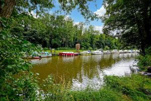 a group of boats docked on a river with trees at Riverside in Kent