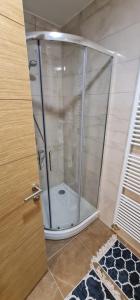 a shower with a glass door in a bathroom at Whitehouse apartment in Bjelašnica