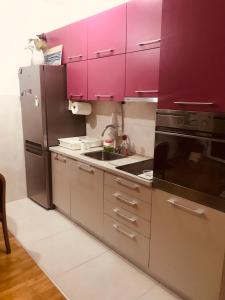 a kitchen with pink cabinets and a stainless steel refrigerator at Bisera in Skopje