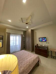 Schlafzimmer mit einem Bett und einem Flachbild-TV in der Unterkunft The River View Apartment in Rawalpindi