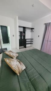 een slaapkamer met een groot groen bed met 2 kussens bij Duplex Donovan in Resistencia