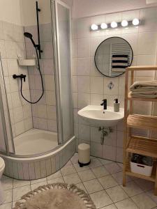 uma casa de banho com um chuveiro e um lavatório. em Apartment Strauss #EINS 1,5 Zi BS-östliches Ringgebiet em Braunschweig