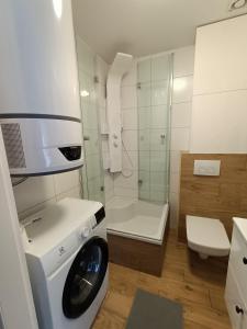 a bathroom with a washing machine and a toilet at Siedlisko Dwa Żurawie - Uroczy domek nad stawem, z kominkiem, obok konie in Czarna Huta