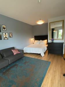 ein Schlafzimmer mit einem Bett, einem Sofa und einem Spiegel in der Unterkunft Beautiful apartment with balcony in Berlin