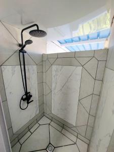 a bathroom with a shower with white marble at La Rêverie Apartment in Trou aux Biches