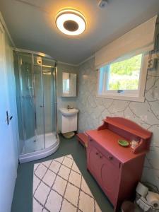 a bathroom with a glass shower and a sink at Unique and charming holiday home with fantastic sea views in Tromsø