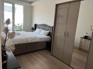 Schlafzimmer mit einem Bett und einem großen Glasschrank in der Unterkunft Your Place with Spa & Fitness in Skopje