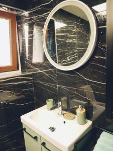La salle de bains est pourvue d'un lavabo et d'un miroir. dans l'établissement Studio - WIFI - Train Station - Love Bridgi home, à Forbach