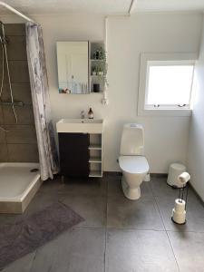 a bathroom with a toilet and a sink and a tub at The Little Guesthouse Downtown - Keflavik Airport in Keflavík